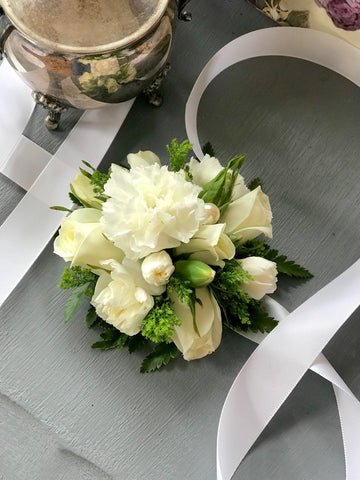 White carnations and Rose Corsage