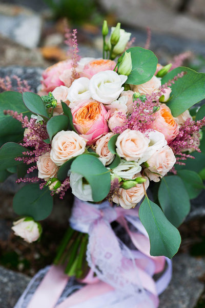 Bridal and prom bouquet  with Austin`s roses,  freesia, astilbe and lisianthus.