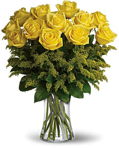 One dozen yellow roses - a symbol of friendship - are gathered with eye-catching yellow solidago and rich green salal into a graceful glass vase.  Includes: Yellow roses, soligago, salal Vase Free message card